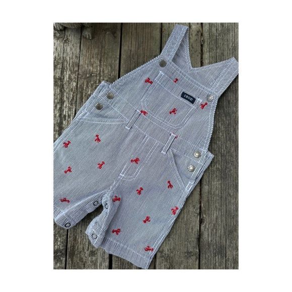 90s Izod Denim Shortalls Red Lobster Print Black White Stripes 100% Cotton 18M - Picture 3 of 6